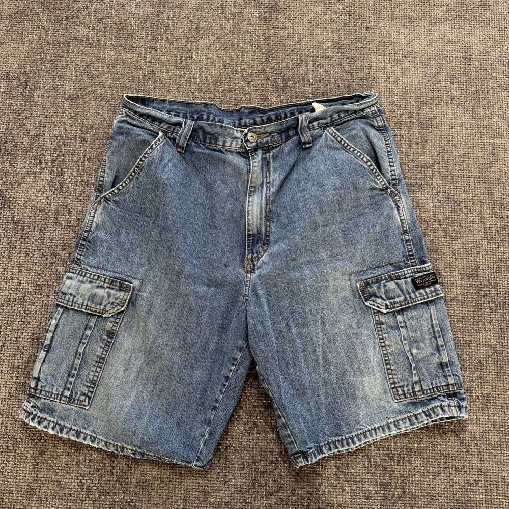 Wrangler Cargo Denim Shorts Mens 34 Blue Medium Wash Relaxed Y2K Utility